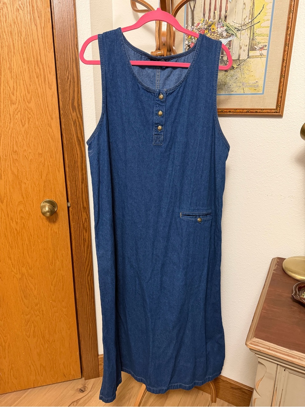 Vintage Sleeveless Dark Blue Denim Jumper Dress with Henley Buttons